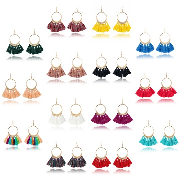 BE20 | Boho Hoop Yellow Cotton Tassel Earrings - Picture 3 of 3